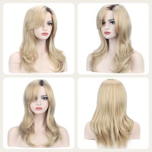 Wig Blonde Brown Roots Shoulder Length Long Shaggy Flaxen Free Part Side Part